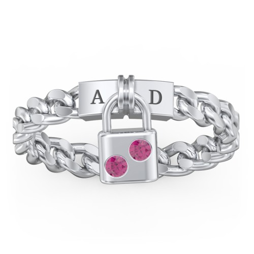 Engravable Padlock Chain Ring with Gemstones