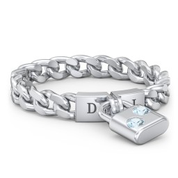 Engravable Padlock Chain Ring with Gemstones in 925 Sterling Silver with Blue Topaz
