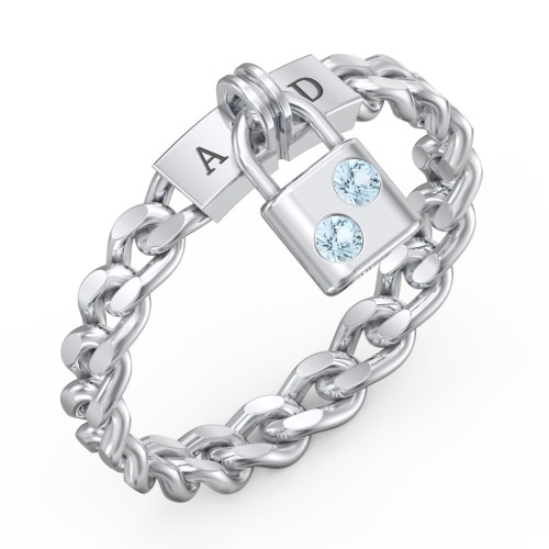 Engravable Padlock Chain Ring with Gemstones – Sterling Silver with Blue Topaz