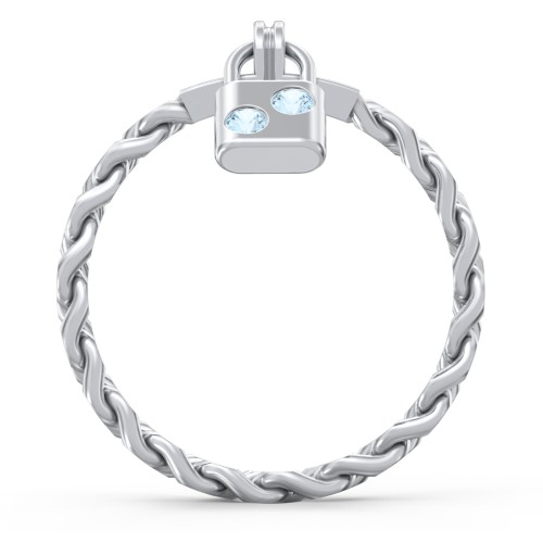 Engravable Padlock Chain Ring with Gemstones – Sterling Silver with Blue Topaz