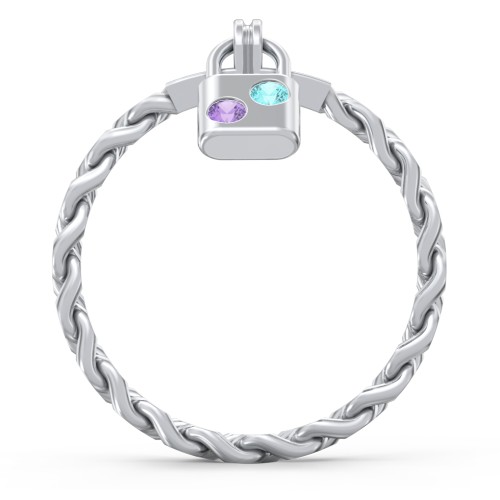Engravable Padlock Chain Ring with Gemstones – Sterling Silver with Amethyst and Mint Premium Zirconia