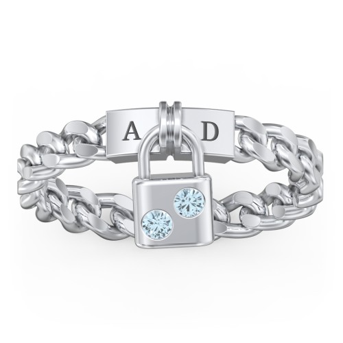 Engravable Padlock Chain Ring with Gemstones – Sterling Silver with Blue Topaz
