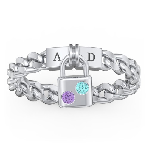 Engravable Padlock Chain Ring with Gemstones – Sterling Silver with Amethyst and Mint Premium Zirconia