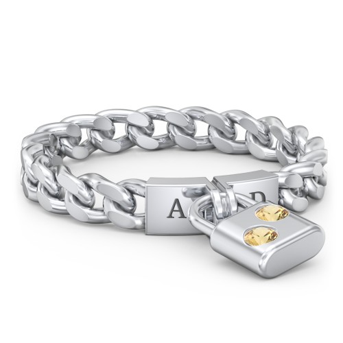 Engravable Padlock Chain Ring with Gemstones – Sterling Silver with Citrine