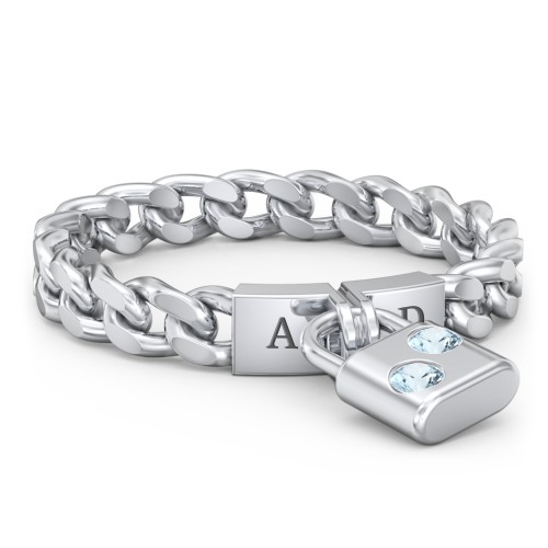 Engravable Padlock Chain Ring with Gemstones – Sterling Silver with Blue Topaz