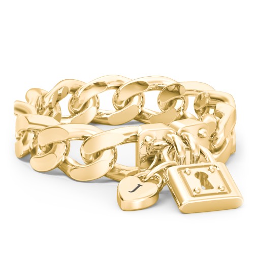 Curb Chain Ring with Padlock and Engravable Heart Charm – 9kt Yellow Gold