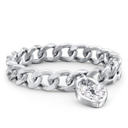 Chain Ring with Pavé Heart Padlock Charm in 925 Sterling Silver with White Premium Zirconia