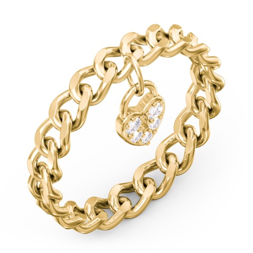 Chain Ring with Pavé Heart Padlock Charm – 9kt Yellow Gold with White Premium Zirconia