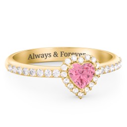 Halo Heart Ring with Accented Band in 18K Gold Plated Silver with Pink Tourmaline and White Premium Zirconia