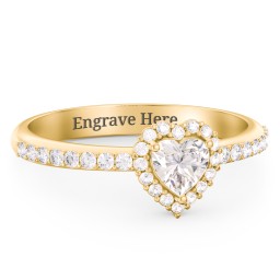 Halo Heart Ring with Accented Band in 18K Gold Plated Silver with Cubic Zirconia and White Premium Zirconia