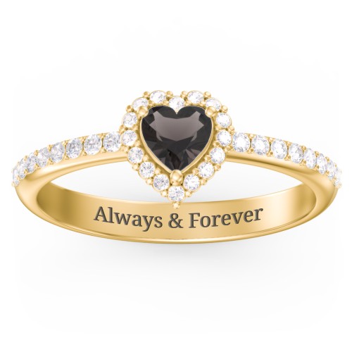 Halo Heart Ring with Accented Band – 18K Gold Plated Silver with Smokey Quartz and White Premium Zirconia
