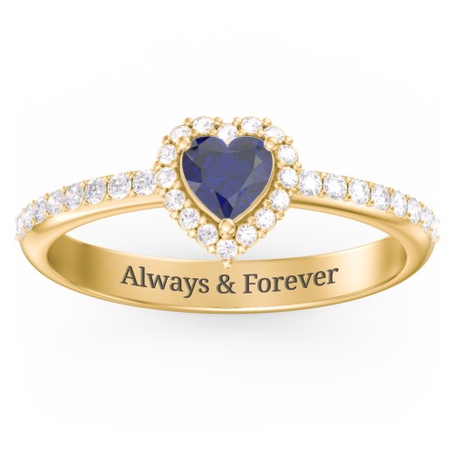 Halo Heart Ring with Accented Band – 18K Gold Plated Silver with Blue Sapphire and White Premium Zirconia