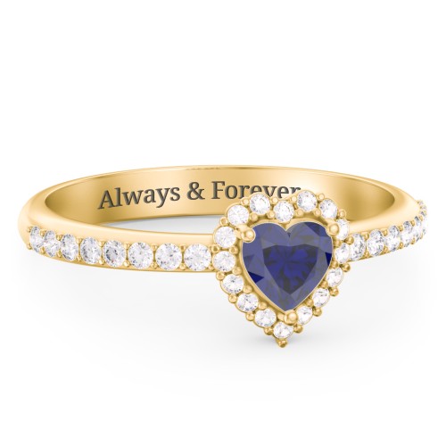 Halo Heart Ring with Accented Band – 18K Gold Plated Silver with Blue Sapphire and White Premium Zirconia
