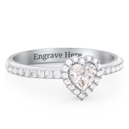 Halo Heart Ring with Accented Band in 925 Sterling Silver with Cubic Zirconia and White Premium Zirconia
