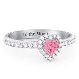 Halo Heart Ring with Accented Band in 925 Sterling Silver with Pink Tourmaline and White Premium Zirconia