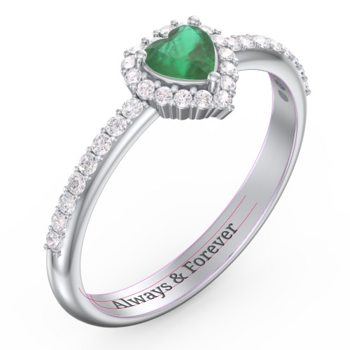 Halo Heart Ring with Accented Band – Sterling Silver with Emerald and White Premium Zirconia