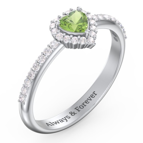 Halo Heart Ring with Accented Band – Sterling Silver with Peridot and White Premium Zirconia