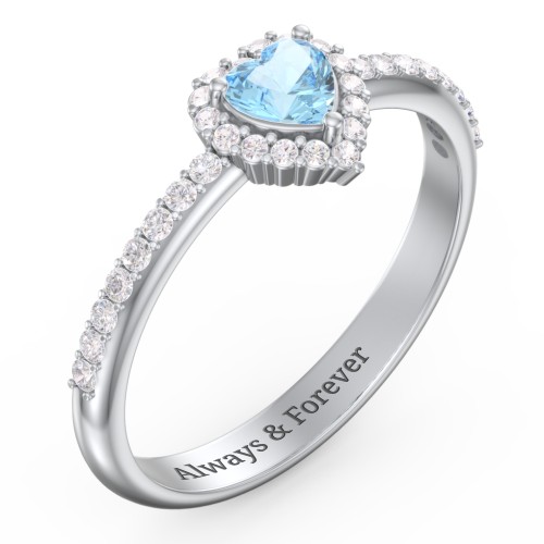 Halo Heart Ring with Accented Band – Sterling Silver with Blue Topaz and White Premium Zirconia