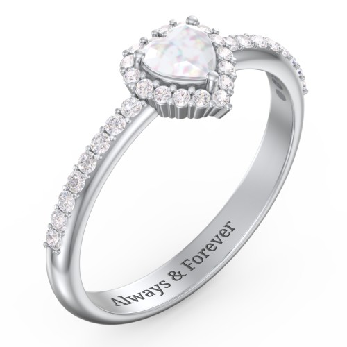 Halo Heart Ring with Accented Band – Sterling Silver with Opal and White Premium Zirconia