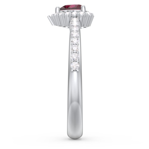 Halo Heart Ring with Accented Band – Sterling Silver with Ruby and White Premium Zirconia