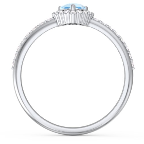 Halo Heart Ring with Accented Band – Sterling Silver with Blue Topaz and White Premium Zirconia