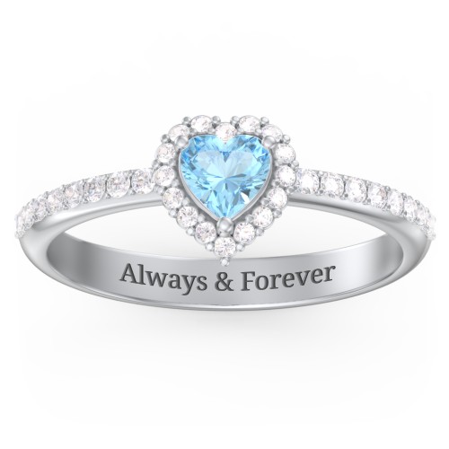 Halo Heart Ring with Accented Band – Sterling Silver with Blue Topaz and White Premium Zirconia