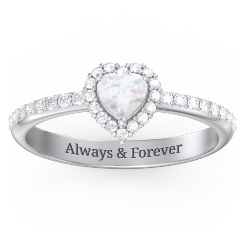 Halo Heart Ring with Accented Band – Sterling Silver with Opal and White Premium Zirconia