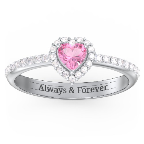 Halo Heart Ring with Accented Band – Sterling Silver with Pink Tourmaline and White Premium Zirconia