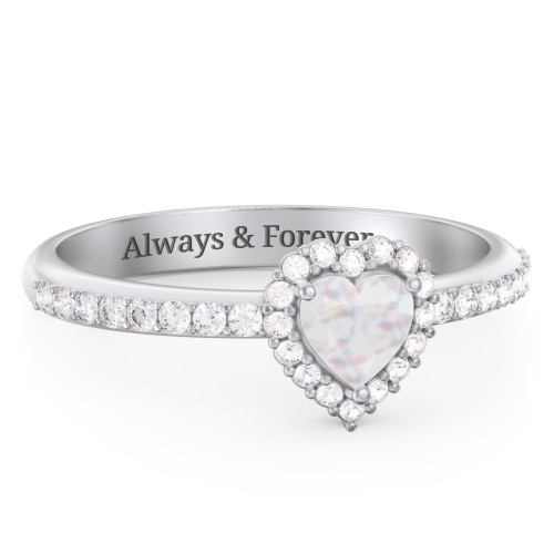 Halo Heart Ring with Accented Band – Sterling Silver with Opal and White Premium Zirconia