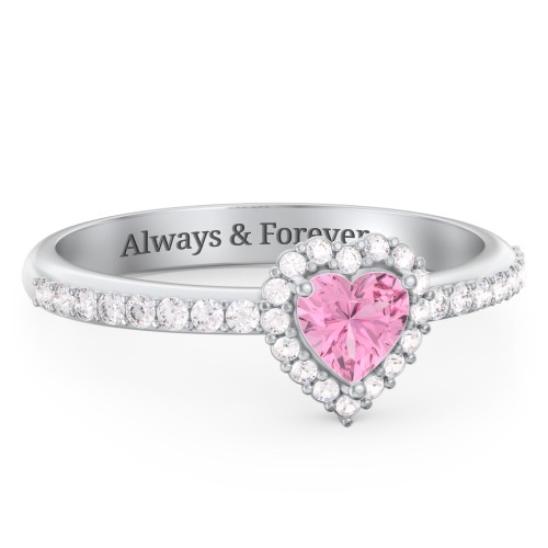 Halo Heart Ring with Accented Band – Sterling Silver with Pink Tourmaline and White Premium Zirconia