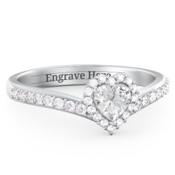 V-Shaped Halo Heart Ring with Accented Band
