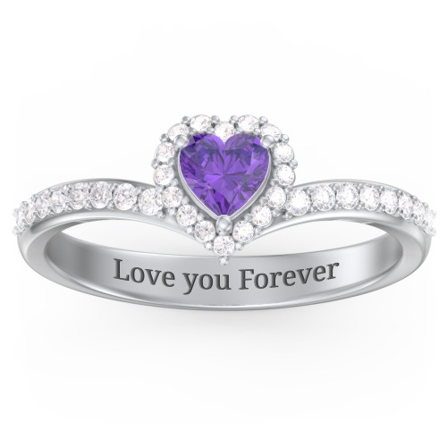 V-Shaped Halo Heart Ring with Accented Band