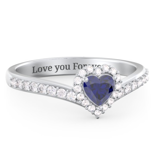 V-Shaped Halo Heart Ring with Accented Band