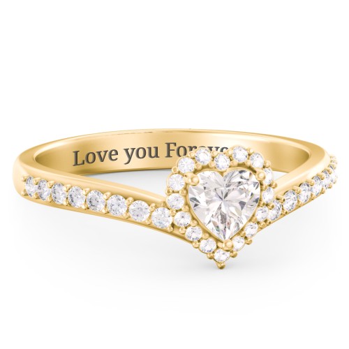 V-Shaped Halo Heart Ring with Accented Band – 18K Gold Plated Silver with Cubic Zirconia and White Premium Zirconia