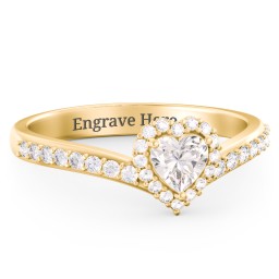 V-Shaped Halo Heart Ring with Accented Band in 18K Gold Plated Silver with Cubic Zirconia and White Premium Zirconia