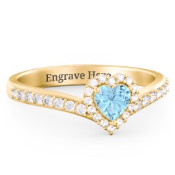 V-Shaped Halo Heart Ring with Accented Band in 18K Gold Plated Silver with Blue Topaz and White Premium Zirconia