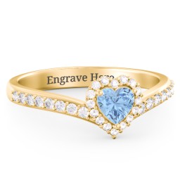 V-Shaped Halo Heart Ring with Accented Band in 18K Gold Plated Silver with Blue Topaz and White Premium Zirconia