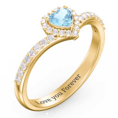 V-Shaped Halo Heart Ring with Accented Band – 18K Gold Plated Silver with Blue Topaz and White Premium Zirconia
