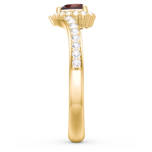 V-Shaped Halo Heart Ring with Accented Band – 18K Gold Plated Silver with Garnet and White Premium Zirconia