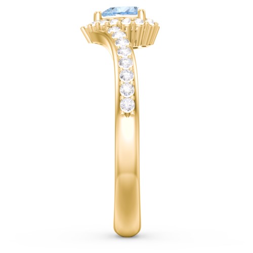 V-Shaped Halo Heart Ring with Accented Band – 18K Gold Plated Silver with Aquamarine and White Premium Zirconia
