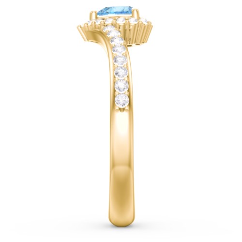 V-Shaped Halo Heart Ring with Accented Band – 18K Gold Plated Silver with Blue Topaz and White Premium Zirconia