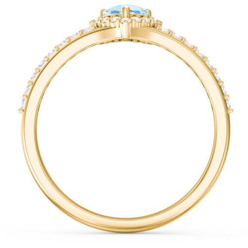 V-Shaped Halo Heart Ring with Accented Band – 18K Gold Plated Silver with Blue Topaz and White Premium Zirconia