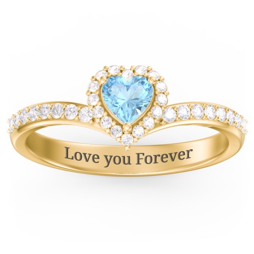 V-Shaped Halo Heart Ring with Accented Band – 18K Gold Plated Silver with Blue Topaz and White Premium Zirconia