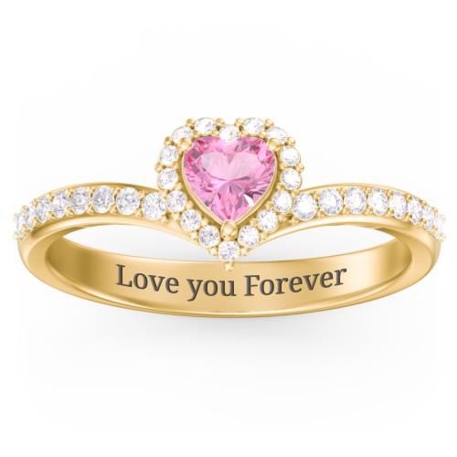 V-Shaped Halo Heart Ring with Accented Band – 18K Gold Plated Silver with Pink Tourmaline and White Premium Zirconia