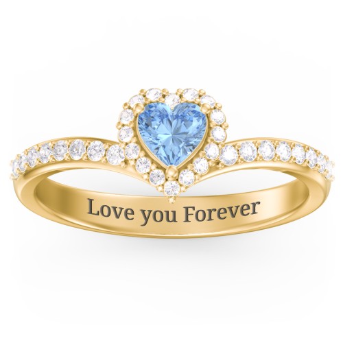 V-Shaped Halo Heart Ring with Accented Band – 18K Gold Plated Silver with Blue Topaz and White Premium Zirconia