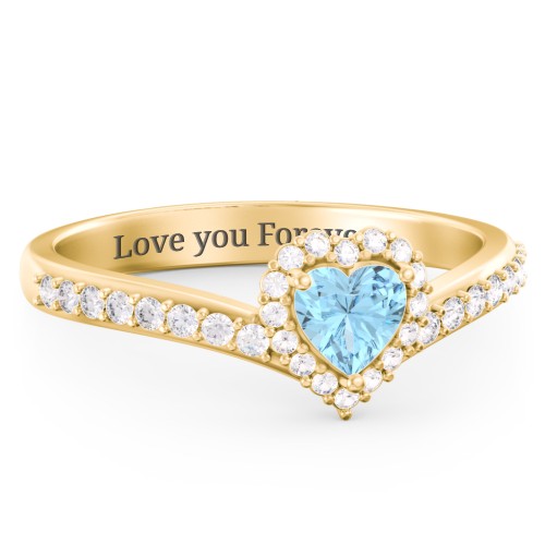 V-Shaped Halo Heart Ring with Accented Band – 18K Gold Plated Silver with Blue Topaz and White Premium Zirconia