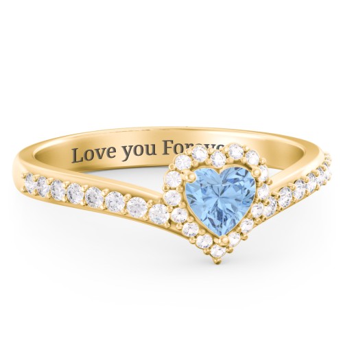 V-Shaped Halo Heart Ring with Accented Band – 18K Gold Plated Silver with Blue Topaz and White Premium Zirconia