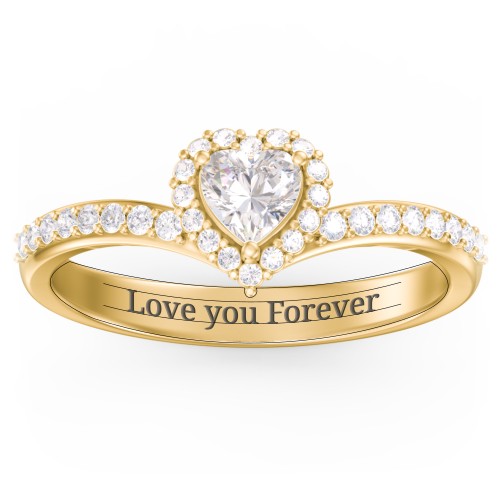 V-Shaped Halo Heart Ring with Accented Band – 9kt Yellow Gold with Cubic Zirconia and White Premium Zirconia