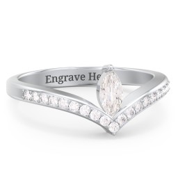 Marquise Birthstone V-Shape Ring With Accents in 925 Sterling Silver with Cubic Zirconia and White Premium Zirconia