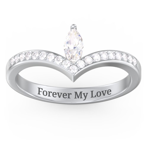 Marquise Birthstone V-Shape Ring With Accents – Sterling Silver with Cubic Zirconia and White Premium Zirconia